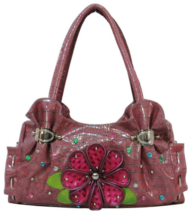 Fuchsia Crocodile Pattern W/ Flower Fashion Handbag